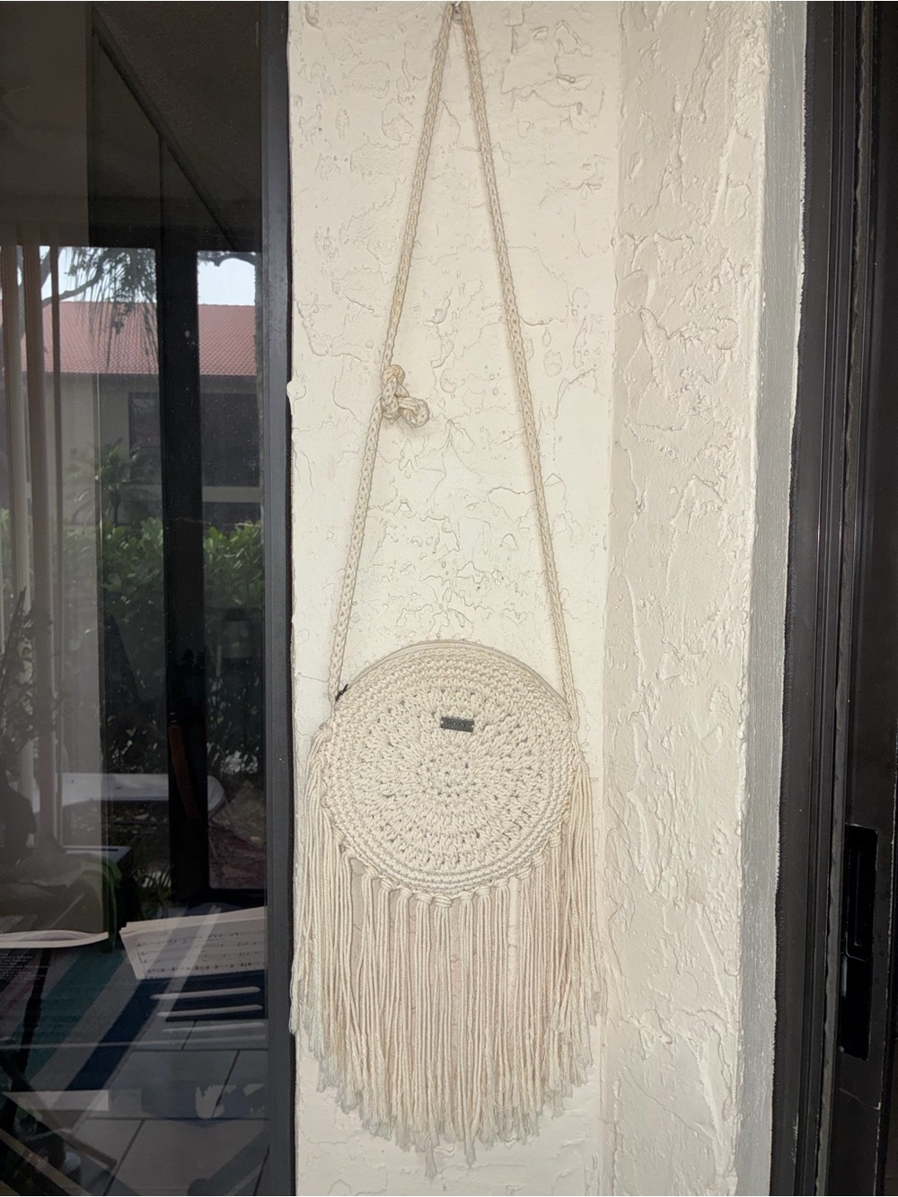 ROXY Cream Woven Crochet Fringe Crossbody Bag | Boho Round Purse